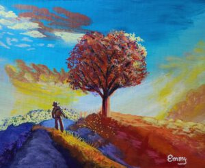 Art by Emmy - Emmy Troost - Schilderij - Herfsttooi Man bij een boom