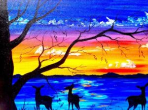 Art by Emmy - Emmy Troost - Schilderij - Herten in de zonsondergang