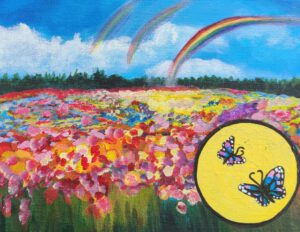 Art by Emmy - Emmy Troost - Schilderij - Regenboog boven de bloemen