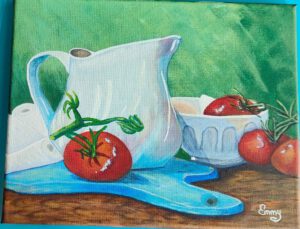Art by Emmy - Emmy Troost - Schilderij - Stilleven met witte kan en tomaten
