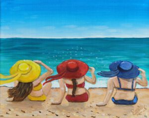 Art by Emmy - Emmy Troost - Schilderij - Drie vrouwen met hoed op het strand